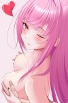  1girl 1other blunt_bangs blush breasts commentary_request grabbing_another's_breast grabbing_from_behind groping guided_breast_grab guiding_hand heart highres hololive hololive_english large_breasts long_hair looking_at_viewer lyunree6161 mori_calliope nipples nude one_eye_closed parted_lips pink_hair pov red_eyes sidelocks simple_background solo_focus upper_body virtual_youtuber 