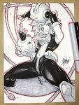  1girl art_tools_in_frame blush_stickers bodysuit boku_no_hero_academia breasts bright_pupils chinese_commentary commentary_request covered_navel dynamic_pose elbow_gloves esoul fingerless_gloves floating_hair gloves greyscale grin highres long_hair looking_at_viewer marker marker_(medium) medium_breasts monochrome multicolored_bodysuit outline photo_(medium) red_outline short_eyebrows signature skin_tight smile solo spot_color superhero_costume thick_eyebrows traditional_media two-tone_bodysuit uraraka_ochaco wire 