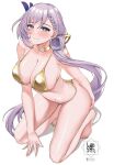  1girl aqua_eyes artist_logo barefoot bikini blush braid braided_bangs breasts bright_pupils choker cleavage collarbone commentary feet fingernails full_body gold_bikini gold_choker gold_nails golden_week grey_hair hair_ornament hand_on_own_ass highres hololive hololive_indonesia kneeling landacdeus large_breasts logo long_hair looking_at_viewer low-tied_long_hair navel o-ring o-ring_choker patreon_username pavolia_reine simple_background smile solo string_bikini swimsuit teeth thighs toenails toes twitter_username very_long_hair virtual_youtuber white_background 
