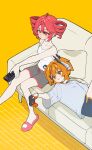  2girls a.i._voice absurdres adachi_rei alternate_costume commentary_request controller couch drill_hair game_controller grey_shorts highres holding holding_controller holding_game_controller holding_remote_control kasane_teto lying multiple_girls on_couch orange_eyes orange_hair pink_slippers red_eyes red_hair remote_control senri_(hrydy_o) shirt shorts sitting sleeveless sleeveless_shirt slippers spaghetti_strap t-shirt twin_drills utau white_shirt 