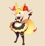  1girl absurdres animal_ears annoyed black_bow blush bow braixen brown_background crossed_arms embarrassed fox_ears fox_tail frown full_body furry garters long_sleeves looking_at_viewer maid maid_apron maid_headdress no_humans paws pokemon pokemon_(creature) pokemon_sm pouting red_eyes ropang simple_background solo standing stick tail text twitter_username 