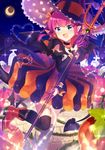  :d absurdres bad_id bad_pixiv_id bat_wings black_legwear blue_eyes boots choker claws crescent_moon cross detached_sleeves dragon_girl dress earrings elizabeth_bathory_(fate) elizabeth_bathory_(fate)_(all) elizabeth_bathory_(halloween)_(fate) eyebrows_visible_through_hair fang fate/grand_order fate_(series) ghost halloween hat heart highres holding holding_weapon horns ichiren_namiro jack-o'-lantern jewelry leg_up lens_flare long_hair looking_at_viewer moon night night_sky open_mouth pavement pink_hair pointy_ears polearm pumpkin sky smile solo standing standing_on_one_leg star thighhighs tombstone trident v-shaped_eyebrows weapon winged_boots wings witch_hat 