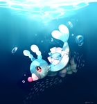  absurdres blue_background brionne bubbles full_body looking_at_viewer no_humans pokemon pokemon_(creature) pokemon_xy red_eyes ropang smile solo tail text twitter_username underwater water 