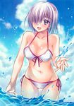  adapted_costume bikini breasts cleavage cowboy_shot fate/grand_order fate_(series) front-tie_top hair_over_one_eye large_breasts mash_kyrielight purple_eyes purple_hair short_hair side-tie_bikini solo splashing swimsuit swimsuit_of_perpetual_summer wading water white_bikini yuto_takumi 
