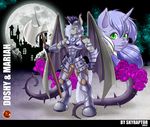  2015 absurd_res anthro anthrofied armband armor axe bat_pony bat_wings battle_axe big_weapon blue_hair bracers breastplate castle clothing duo equine fan_character female flower friendship_is_magic furgonomics gauntlets gem gloves glowing greaves green_eyes hair helmet hi_res horn hybrid male mammal mariah_wolves melee_weapon membranous_wings moon my_little_pony night pegasus plant polearm rose royal_guard_(mlp) skyraptor spiked_tail spikes standing tentacles unicorn weapon wings 