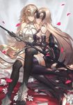  absurdres arm_support bare_shoulders blonde_hair blue_eyes chain collar covered_nipples cowter duan_henglong elbow_gloves fate/grand_order fate_(series) fur_trim gloves headpiece high_heels highres jeanne_d'arc_(alter)_(fate) jeanne_d'arc_(fate) jeanne_d'arc_(fate)_(all) long_hair lying md5_mismatch multiple_girls on_side petals plackart sitting smile standard_bearer thighhighs vambraces yellow_eyes yuri 