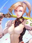  adapted_costume blonde_hair blue_eyes blue_sky bodysuit breasts commentary day eyeliner fusion genji_(overwatch) glint hair_tie hand_on_hip high_ponytail highres holding holding_sword holding_weapon katana light_smile lips looking_at_viewer makeup medium_breasts mercy_(overwatch) nevoangelo_arm no_wings nose outdoors overwatch petals pink_lips shoulder_pads sky smug solo sword upper_body weapon 