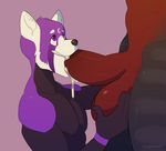  anthro ball_fondling ball_grab balls big_balls big_penis bleats cum cum_in_mouth cum_inside dragon erection fellatio fondling fur hi_res horn humanoid_penis leash male male/male muscular oral penis purple_fur red_scales scales sex signature simple_background size_difference standing unknown_character vein 
