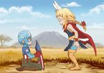  animal_ears armor avengers blonde_hair blue_eyes blue_sky boots brown_footwear cape captain_america cloud day kemono_friends knee_boots looking_at_another marvel mask mountain multiple_girls nikumeron open_mouth outdoors pants parody red_cape savannah shield sitting sky superhero thor_(marvel) wariza 