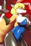  alcohol anthro beverage big_breasts blonde_hair bottle breasts bunny_costume canine clothing costume fake_ears fake_rabbit_ears female fox fur gloves_(marking) hair hi_res huge_breasts lingerie mammal markings multi_tail ran_yakumo smile solo teddy_(clothing) touhou yellow_eyes yukaran_nosuke 