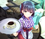  absurdres apron asami_asami black_hair coffee day from_above hair_ribbon highres japanese_clothes looking_at_viewer one_side_up orange_eyes original outdoors red_ribbon ribbon science_fiction short_hair solo standing waitress white_apron yagasuri 
