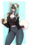  2019 anthro breasts canine clothed clothing digital_media_(artwork) dog ear_piercing ei-ka female green_eyes green_hair hair looking_at_viewer mammal piercing simple_background solo standing 