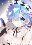  atsumi_jun blue_eyes blue_hair breasts cleavage commentary_request detached_collar frills hair_ornament hair_over_one_eye hair_ribbon maid maid_headdress medium_breasts purple_ribbon re:zero_kara_hajimeru_isekai_seikatsu rem_(re:zero) ribbon short_hair solo upper_body x_hair_ornament 