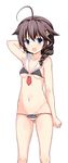  1girl :d ahoge bare_arms bare_legs black_hair braid breasts collarbone female hair_between_eyes kantai_collection looking_at_viewer lowleg lowleg_bikini midriff navel shigure_(kantai_collection) simple_background small_breasts solo standing swimsuit testa white_background 