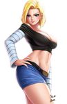 android_18 belt blonde_hair blue_eyes breasts cleavage crop_top dragon_ball dragon_ball_z earrings hand_on_hip highres jewelry large_breasts looking_at_viewer midriff navel newash no_legwear parted_lips short_hair skirt smile solo 