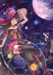  1girl adjusting_clothes adjusting_hat black_bow black_hair black_legwear blush boots bow breasts choker cleavage collarbone crossed_legs full_moon fuuro_(johnsonwade) hat hat_bow knee_boots large_breasts looking_at_viewer moon night open_mouth original purple_eyes purple_footwear purple_hat sitting smile table thighhighs witch_hat 