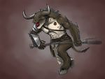  armor bovine clothing hooves horn loincloth male mammal minotaur simple_background sirtroglodon solo weapon 