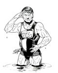  adolf_hitler commentary_request contrapposto dated dripping facial_hair goggles goggles_on_head hand_on_hip highres male_focus muscle mustache one-piece_swimsuit real_life sadawo_ver3 school_swimsuit signature solo standing swimsuit wet 