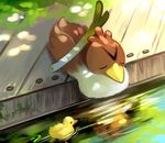  absurdres bird duck duckling eyes_closed farfetch&#039;d leek moss no_humans outdoors pokemon pokemon_(creature) pokemon_rgby reflection ropang sitting sleeping water 