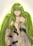  2girls absurdres alternate_eye_color amber_(darker_than_black) bangs c.c. closed_mouth code_geass color_connection darker_than_black enkidu_(fate/strange_fake) expressionless eyebrows_visible_through_hair fate/strange_fake fate_(series) green_hair hair_between_eyes hair_color_connection hand_on_another's_chest highres issel long_hair look-alike looking_at_viewer multiple_girls open_mouth profile sidelocks sketch smile upper_body wide_sleeves yellow_eyes 