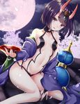  breasts bridal_gauntlets cherry_blossoms fate/grand_order fate_(series) full_moon gomano_rio gourd highres horns japanese_clothes looking_at_viewer moon oni oni_horns purple_eyes purple_hair short_hair shuten_douji_(fate/grand_order) small_breasts solo 