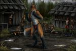  4_toes amazing_background anthro barefoot black_nose bulge canine clothed clothing day detailed_background digitigrade fox fur green_eyes group looking_at_viewer male mammal orange_fur outside sidonie sitting standing toes topless 