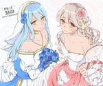  aomeeso aqua_(fire_emblem_if) blue_hair blush dress elbow_gloves female_my_unit_(fire_emblem_if) fire_emblem fire_emblem_heroes fire_emblem_if gloves hairband highres jewelry long_hair looking_at_viewer mamkute multiple_girls my_unit_(fire_emblem_if) pointy_ears red_eyes smile very_long_hair wedding_dress white_hair yellow_eyes 