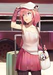  adjusting_clothes adjusting_hat astolfo_(fate) bag bianyuanqishi black_legwear collarbone duffel_bag eyebrows_visible_through_hair fate/apocrypha fate/grand_order fate_(series) hat highres long_hair looking_away male_focus otoko_no_ko pantyhose pink_eyes pink_hair pink_skirt short_hair skirt solo suitcase tongue tongue_out white_hat 