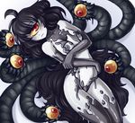  :&lt; ahoge arched_back black_hair black_nipples blush breasts cowboy_shot cyclops extra_eyes gazer_(monster_girl_encyclopedia) highres ittla long_hair looking_at_viewer medium_breasts monster_girl monster_girl_encyclopedia nipples one-eyed red_eyes solo tail tentacles wavy_hair white_skin yellow_sclera 