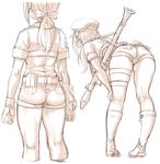  7010 ass back bent_over beret boots bow gloves hair_bow hand_on_own_knee hat holster idolmaster idolmaster_cinderella_girls jacket long_hair monochrome ponytail ribbon rocket_launcher rpg rpg-7 short_shorts short_sleeves shorts thigh_holster thighs weapon white_background yamato_aki 