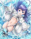  armor armored_boots bangs blue_eyes boots bubble commentary_request crotch_plate fate/extra fate/extra_ccc fate/grand_order fate_(series) highleg kei_kei long_hair looking_at_viewer lying meltlilith navel on_back open_mouth over-kneehighs purple_hair revealing_clothes sleeves_past_wrists smile solo thighhighs thighs white_coat 