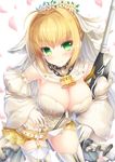  ahoge belt blonde_hair blush boots breasts chain cleavage contest_winner detached_collar detached_sleeves fate/extra fate/extra_ccc fate_(series) flower garter_straps gloves green_eyes hair_flower hair_ornament head_wreath highres large_breasts leaning_forward lock looking_at_viewer nero_claudius_(bride)_(fate) nero_claudius_(fate)_(all) padlock petals pixiv_fate/grand_order_contest_1 smile solo sword taiki_ken thigh_boots thighhighs veil weapon white_gloves white_sleeves zipper 