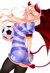 &lt;3 2013 ball big_breasts blonde_hair breasts butt clothed clothing demon female fingers german hair hair_over_eyes hi_res holding_object horn legwear long_hair lucknight membranous_wings nipple_bulge not_furry pointy_ears pose soccer soccer_ball solo spade_tail sport star succubus thigh_highs translucent transparent_clothing underwear wings yellow_eyes 