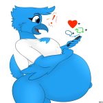  ! &lt;3 2019 anthro avian beak belly big_belly bird blue_eyes blue_feathers bottomless breasts clothed clothing feathers female hand_on_stomach navel outie outie_navel phone pregnant shirt simple_background smile solo tweetfur twitter undyingwolf white_background 