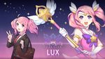  alternate_costume alternate_hair_color alternate_hairstyle bag bow choker dakun elbow_gloves gloves highres league_of_legends luxanna_crownguard magical_girl pink_hair ribbon school_uniform staff star_guardian_lux tiara twintails white_gloves 