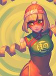 arms_(game) bangs beanie bellhenge blonde_hair chinese_clothes domino_mask facepaint food green_eyes hat looking_at_viewer mask min_min_(arms) noodles short_hair smile solo 