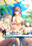  3girls @_@ arms_behind_back bangs bikini blue_bikini blue_eyes blush brain_freeze breasts brown_hair character_doll cleavage closed_mouth cloud cloudy_sky collarbone commentary_request day drooling eyebrows_visible_through_hair fate/grand_order fate_(series) food fruit green_hair grey_hair hair_over_one_eye highres horns ice_cream jewelry kite kiyohime_(fate/grand_order) kiyohime_(swimsuit_lancer)_(fate) large_breasts long_hair long_legs marie_antoinette_(fate/grand_order) marie_antoinette_(swimsuit_caster)_(fate) mash_kyrielight mata_hari_(fate/grand_order) medium_breasts multiple_girls necklace one_eye_closed open_mouth orange_bikini outdoors palm_tree purple_eyes riyo_(lyomsnpmp)_(style) seiyuu_connection shaved_ice sitting sky smile strawberry summer sundae swimsuit table taneda_risa tree twintails umbrella whipped_cream white_bikini yellow_eyes yumemizuki 