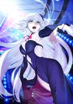  azusa_(hws) blonde_hair butterfly_wings choker elbow_gloves fate/grand_order fate_(series) gloves hair_ornament highres jeanne_d'arc_(alter)_(fate) jeanne_d'arc_(fate)_(all) long_hair looking_at_viewer open_mouth pale_skin side_slit teeth very_long_hair white_hair wings wrist_grab yellow_eyes 