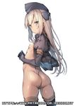  artist_name bangs blonde_hair blue_eyes bottomless breasts closed_mouth commentary cowboy_shot eyebrows_visible_through_hair from_behind garrison_cap hat jacket kantai_collection legs_apart long_hair long_sleeves looking_at_viewer looking_back military military_uniform nipples open_clothes open_jacket patreon_username puffy_long_sleeves puffy_sleeves pussy redcomet simple_background small_breasts solo standing thighhighs u-511_(kantai_collection) uniform watermark web_address white_background 