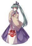  full_body green_hair hair_intakes hichou highres japanese_clothes kimono long_hair looking_at_viewer mystical_power_plant original ponytail red_eyes sidelocks smile solo suitokuin_tenmu touhou transparent_background 