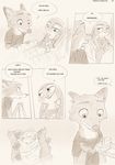  ambiguous_gender anthro baby bed canine carrying clothed clothing comic dialogue disney english_text female fox fur group hi_res holding_character judy_hopps lagomorph male mammal monochrome nick_wilde rabbit smile sprinkah text young zootopia 