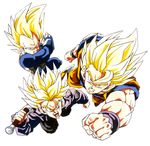  angry attacking_viewer blonde_hair clenched_hands dougi dragon_ball dragon_ball_z father_and_son fighting_stance fingernails gloves green_eyes highres jacket looking_at_viewer multiple_boys official_art open_mouth serious short_hair simple_background son_gokuu spiked_hair super_saiyan sword trunks_(dragon_ball) vegeta weapon white_background wristband 