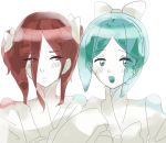  2others alternate_costume alternate_hairstyle androgynous aqua_eyes aqua_hair blush embarrassed green_eyes green_hair gyu_nba32 hair_over_one_eye hair_ribbon highres houseki_no_kuni japanese_clothes kimono long_bangs long_hair looking_at_viewer multiple_others open_mouth phosphophyllite red_eyes red_hair ribbon shinsha_(houseki_no_kuni) short_hair smile twintails upper_body white_background white_kimono white_skin 
