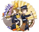  armor bob_cut brown_eyes brown_hair cape fan folding_fan hat hirano_toushirou japanese_armor kiwame_(touken_ranbu) maeda_toushirou male_focus military military_uniform multiple_boys necktie nomuo_(shiromi) sheath shorts shoulder_armor smile sode tantou tassel tate_eboshi touken_ranbu uniform weapon 