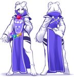  0r0ch1 2015 4_toes 5_fingers anthro asriel_dreemurr barefoot black_sclera boss_monster caprine clothed clothing digital_media_(artwork) dress front_view fur girly goat god_of_hyperdeath hi_res horn long_ears male mammal markings rear_view simple_background slit_pupils solo standing toes undertale video_games white_eyes white_fur wide_hips 
