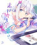  adrenaline!!! aqua_eyes artist_name bangs bow brand_name_imitation closed_mouth clothes_writing collarbone dated drawing_tablet eromanga_sensei eyebrows_visible_through_hair grey_hair hair_bow heart izumi_sagiri long_hair looking_at_viewer lying mirror_writing pink_bow self_shot short_sleeves signature silver_hair smile solo tiv wacom writing 