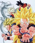  attack attacking_viewer black_eyes black_hair blonde_hair dougi dragon dragon_ball dragon_ball_z fighting_stance fingernails green_eyes highres kamehameha long_hair looking_at_viewer multiple_boys multiple_persona official_art open_mouth outstretched_hand serious shenlong_(dragon_ball) short_hair simple_background son_gokuu spiked_hair super_saiyan super_saiyan_2 super_saiyan_3 very_long_hair white_background wristband 