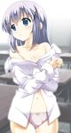  bangs bare_shoulders blue_eyes blurry blush bow bow_panties breasts chair classroom cleavage collarbone commentary_request cowboy_shot crossed_arms day depth_of_field desk eyebrows_visible_through_hair gochuumon_wa_usagi_desu_ka? hair_ornament hairclip highres indoors kafuu_chino kohakugin light_blue_hair long_hair long_sleeves looking_away navel off_shoulder outline panties parted_lips pink_panties shirt sidelocks small_breasts solo standing teeth tile_floor tiles underwear undressing wall white_outline white_shirt window x_hair_ornament 