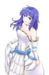  bare_shoulders blue_hair bride bride_(fire_emblem) detached_sleeves dress fire_emblem fire_emblem:_akatsuki_no_megami fire_emblem:_kakusei fire_emblem:_souen_no_kiseki fire_emblem_heroes flower green_eyes hair_flower hair_ornament hairband highres jewelry long_hair necklace rose solo strapless strapless_dress takaneko wayu_(fire_emblem) wedding_dress white_dress 