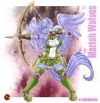  2014 absurd_res aiming anthro armor arrow blue_feathers blue_hair boots bow_(weapon) breasts cleavage clothed clothing equine fan_character feathered_wings feathers female footwear gloves green_eyes hair hi_res holding_object holding_weapon horn mammal mariah_wolves multicolored_hair my_little_pony navel ranged_weapon skyraptor solo two_tone_hair unconvincing_armor weapon white_hair winged_unicorn wings 